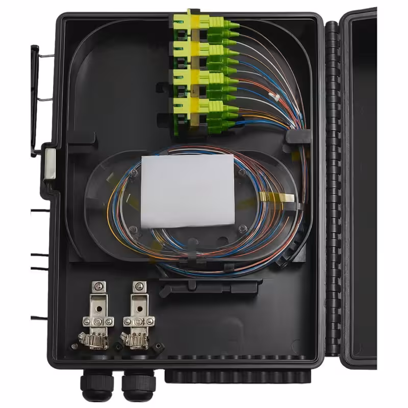 An open fibre enclosure: connectors, splice tray and cable glands